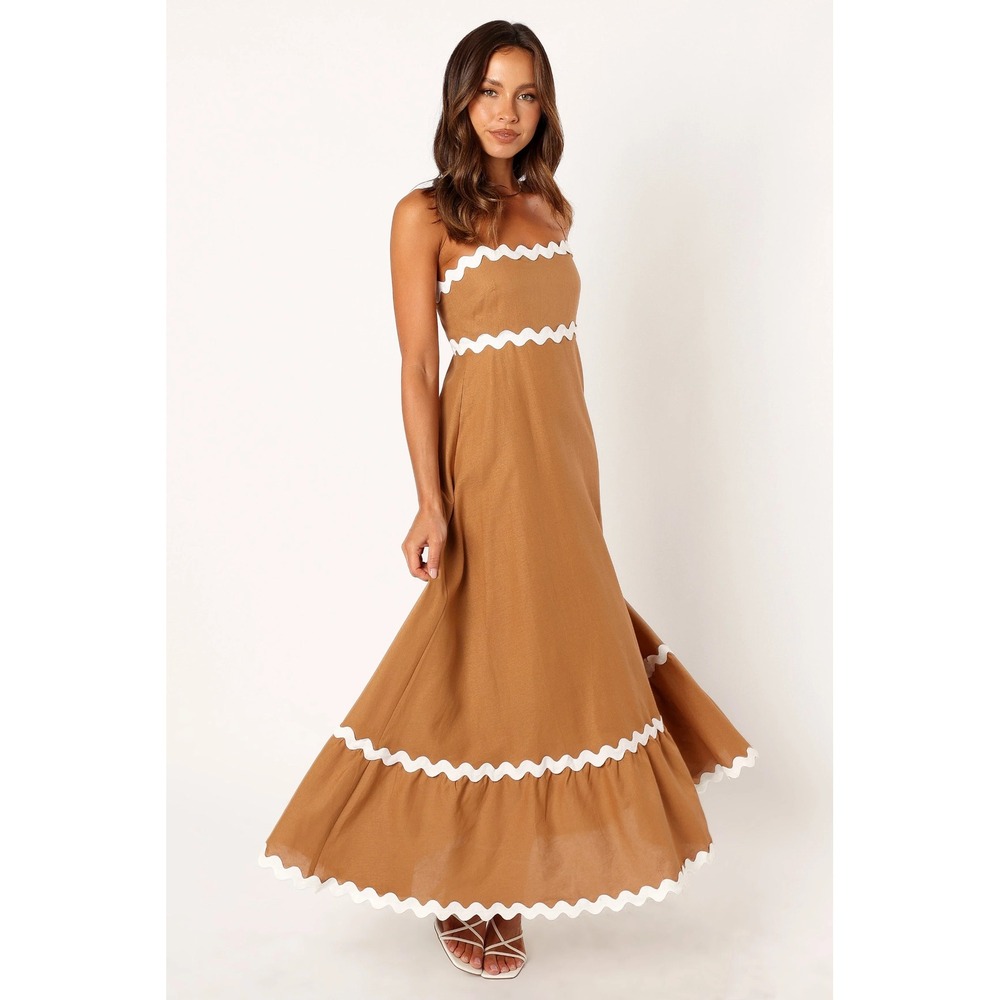 Petal + Pup Tan Ric Rac Trim Tiered Cotton Maxi Dress Brown Small Smocked Back